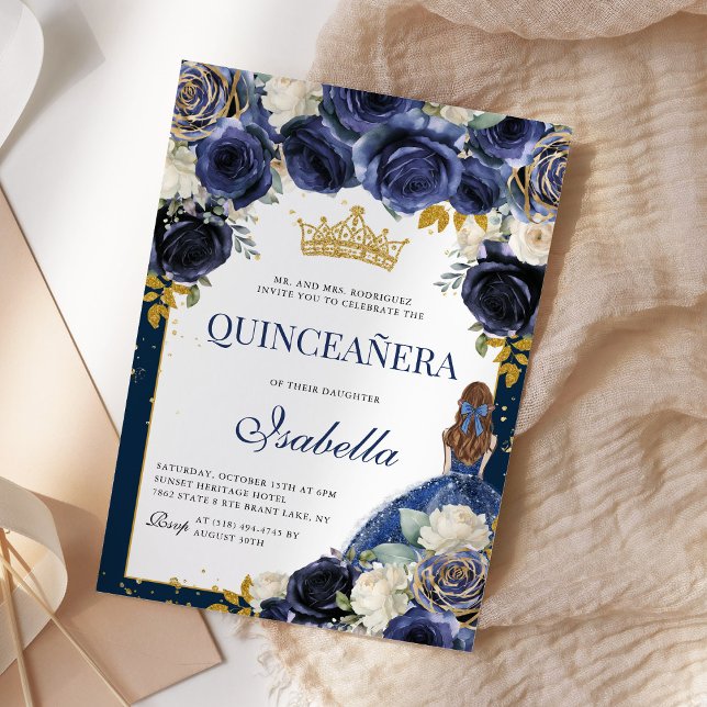 Invitación Floral azul marino Quinceanera Mis Quince Anos (Subido por el creador)