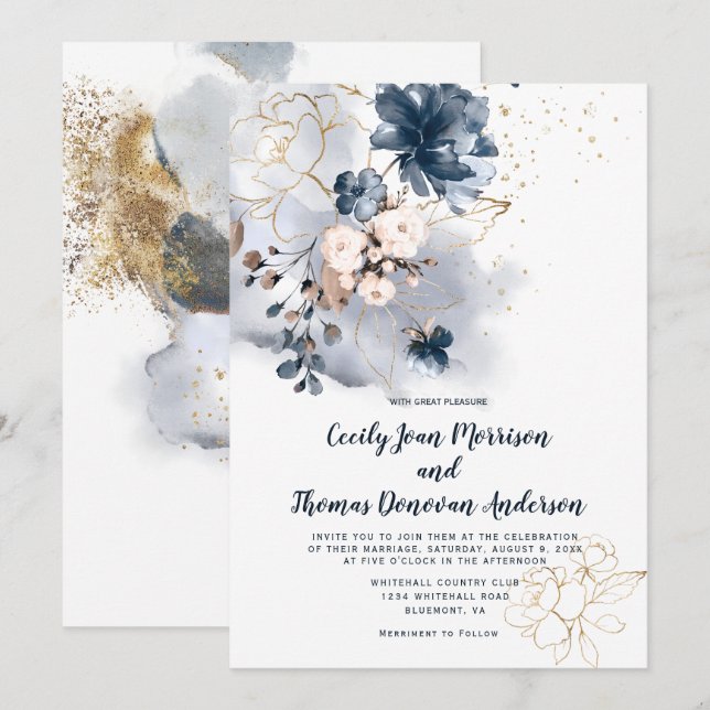 Invitación Floral azul marino, rosa y acuarela dorada (Anverso / Reverso)