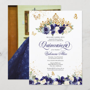 Invitación Floral azul marino Tiara Mariposa Foto Quinceanera