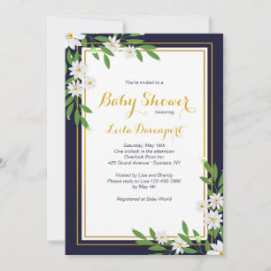 Invitación floral azul marino y blanco