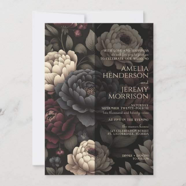 Invitación Floral azul marino y borgoña (Anverso)
