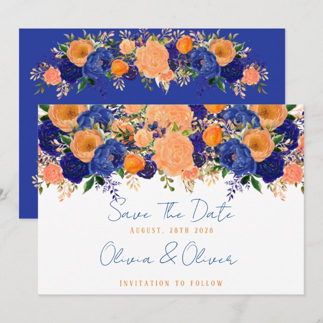Invitación Floral azul marino y Naranja Salven la fecha (Anverso / Reverso)