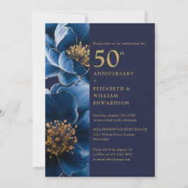 Invitación Floral azul marino y oro 50 años