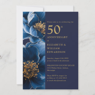 Invitación Floral azul marino y oro 50 años