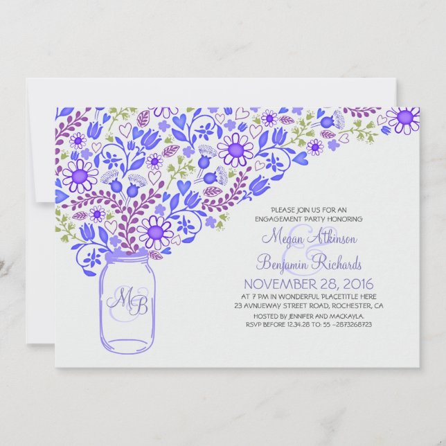 Invitación floral azul mason jar linda fiesta de compromiso (Anverso)