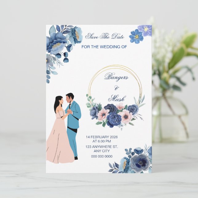 Invitación Floral azul mínimo con pareja Boda (Anverso de pie)
