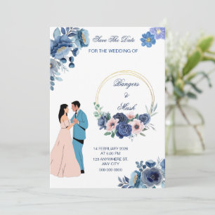 Invitación Floral azul mínimo con pareja Boda