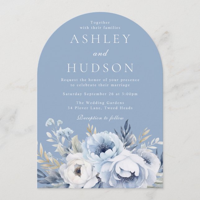 Invitación Floral azul moderna Boda de invierno (Anverso)