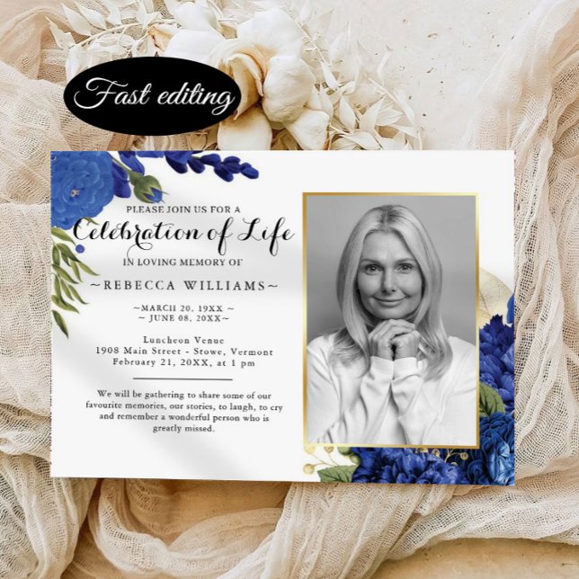 Invitación Floral azul moderna foto Celebración de la vida (Subido por el creador)