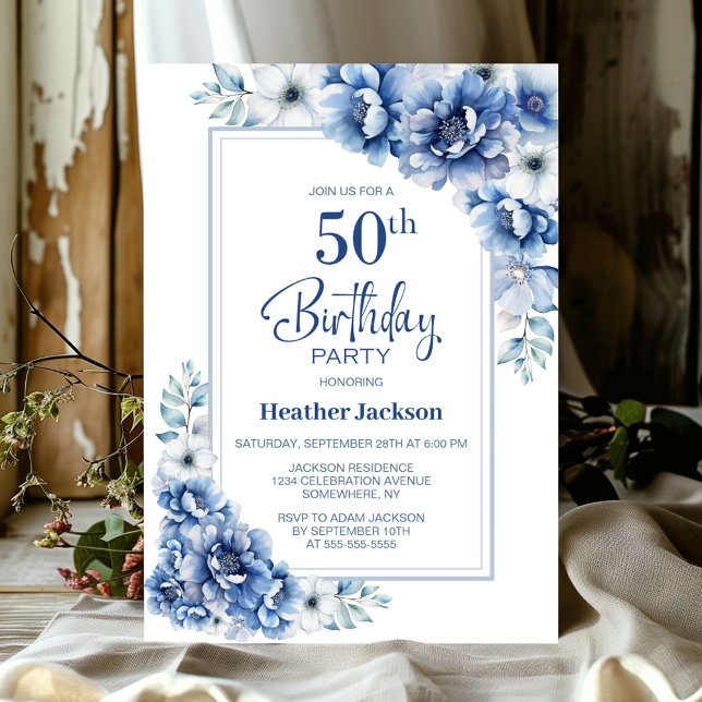 Invitación Floral azul moderno 50 cumpleaños (Subido por el creador)