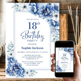 Invitación Floral azul moderno fiesta de cumpleaños número 18