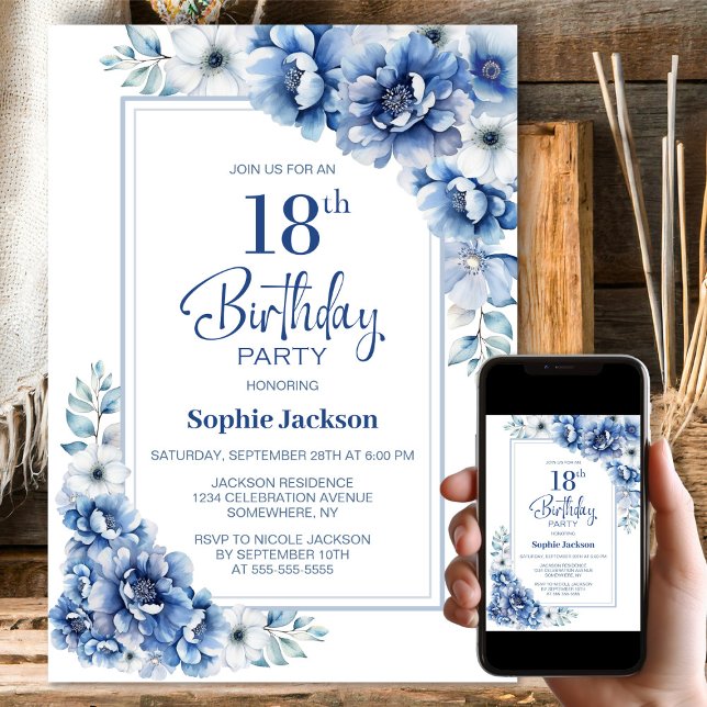 Invitación Floral azul moderno fiesta de cumpleaños número 18 (Subido por el creador)