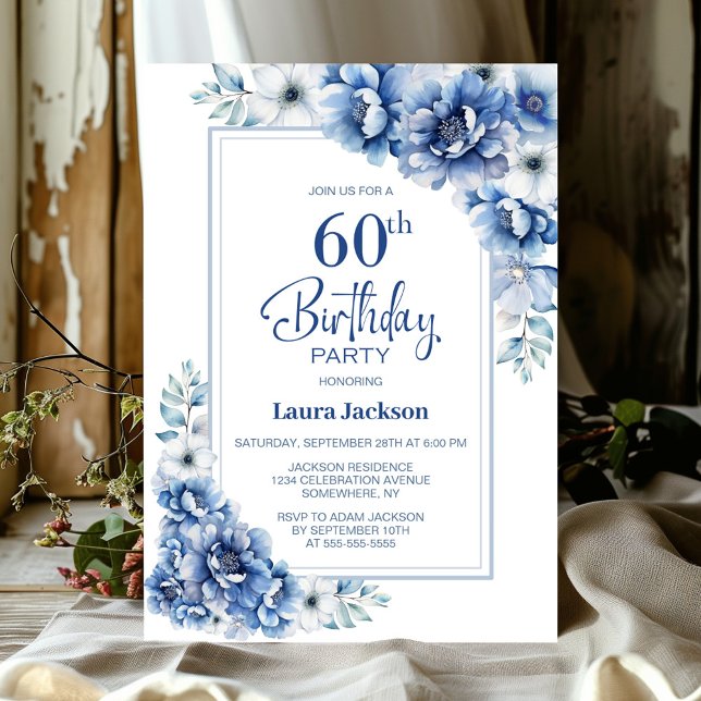 Invitación Floral azul moderno fiesta de cumpleaños número 60 (Subido por el creador)