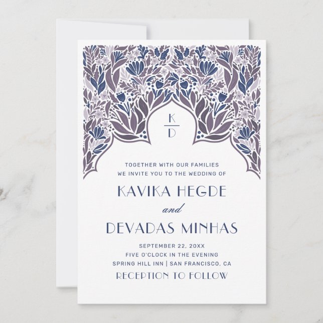 Invitación Floral azul morado indio Bollywood boda asiático (Anverso)