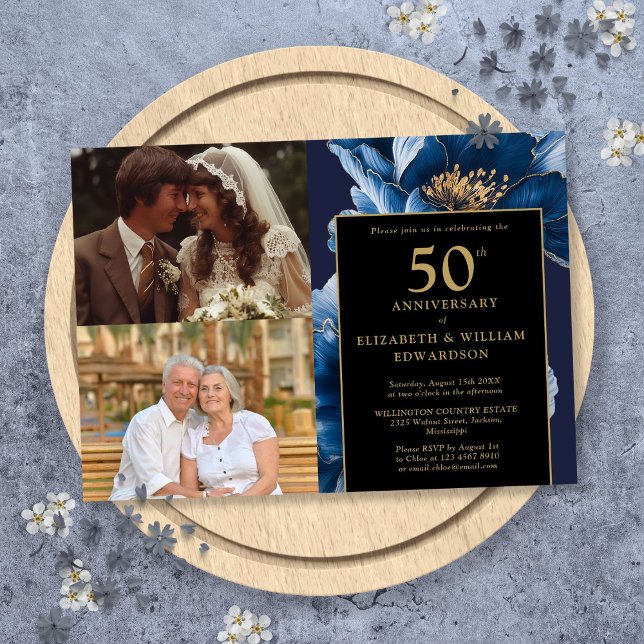 Invitación Floral Azul Negro Oro 50 Aniversario 2 Fotos (Blue Floral Black Gold 50th Anniversary 2 Photo Invitation)