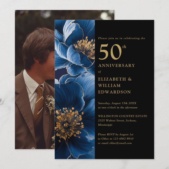 Invitación Floral azul negro y oro foto de 50 años (Anverso / Reverso)