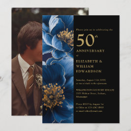 Invitación Floral azul negro y oro foto de 50 años
