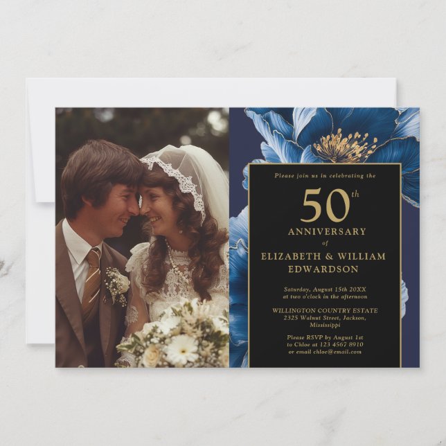 Invitación Floral azul negro y oro foto de 50 años (Anverso)