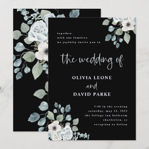 Invitación Floral azul negro y turbio   Boda de acuarela
