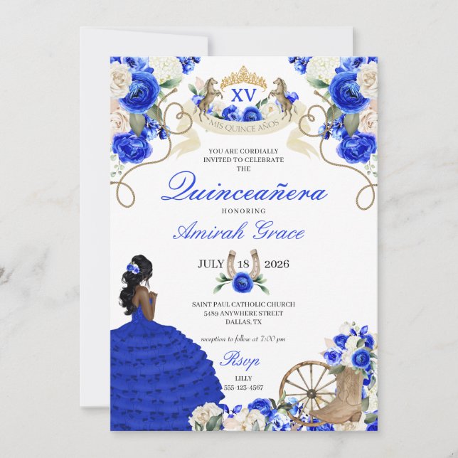 Invitación Floral Azul Occidental Horses Nova Quinceañera (Anverso)