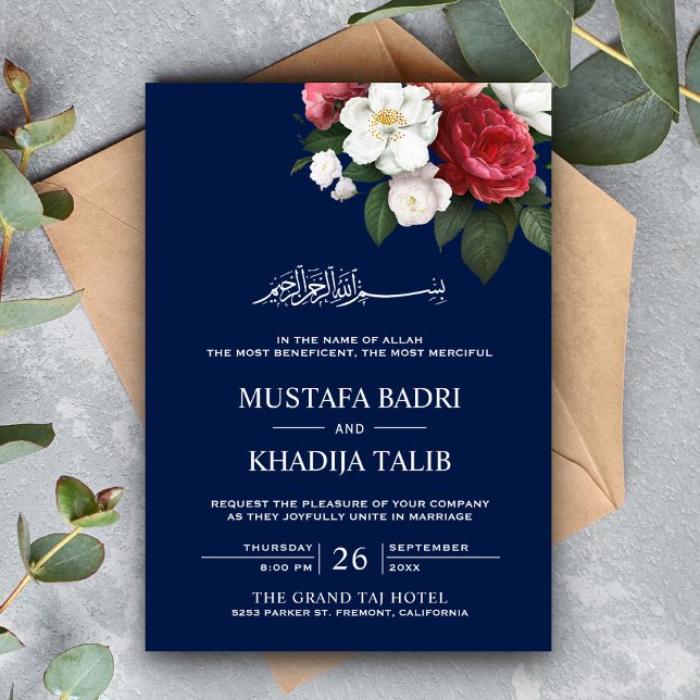Invitación Floral azul oscuro Bouquet Boda musulmán islámico (Subido por el creador)