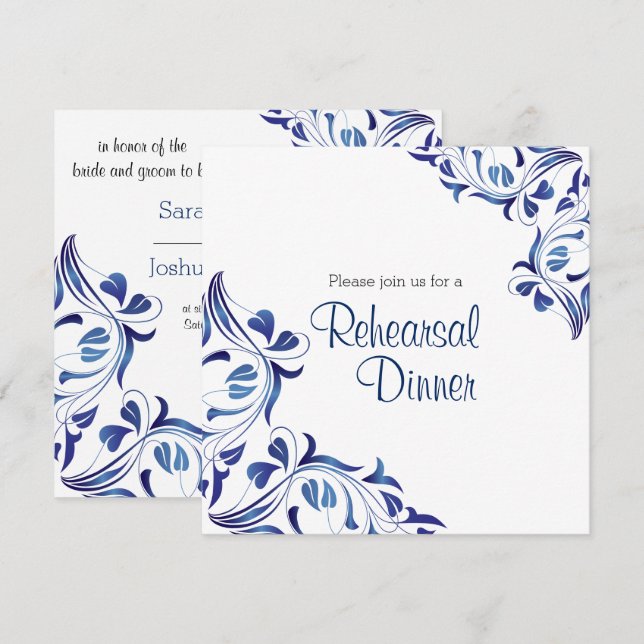 Invitación Floral azul oscuro de la época moderna - Cena ensa (Anverso / Reverso)