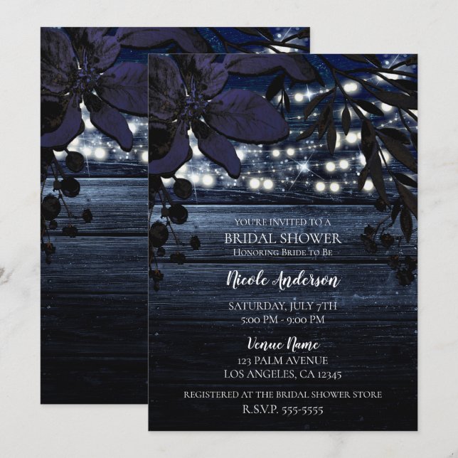 Invitación Floral azul oscuro de madera ruidosa luces de novi (Anverso / Reverso)