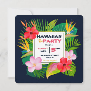 Invitación floral azul oscuro Fiesta luau cuadrado