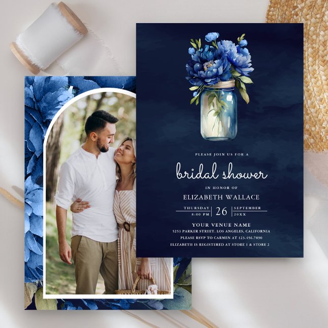 Invitación Floral azul oscuro Mason Jar Photo Bridal Shower (Subido por el creador)