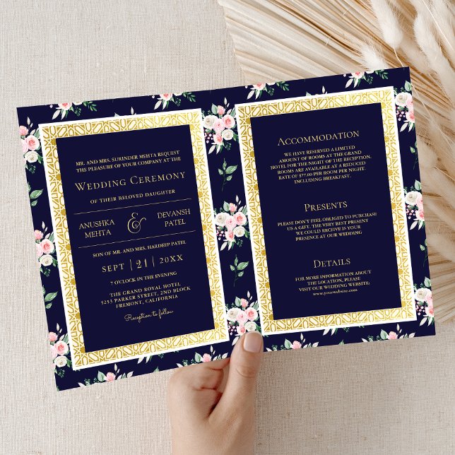 Invitación Floral azul oscuro todo en un Boda indio dorado (Subido por el creador)