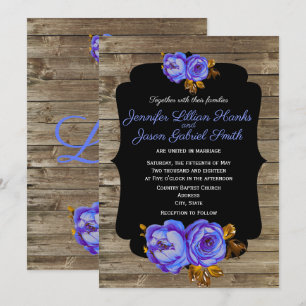 Invitación Floral azul, pizarra boda de madera marrón rústico