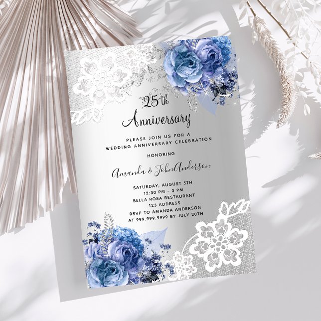 Invitación Floral azul plateado 25 aniversario boda lujo (Subido por el creador)