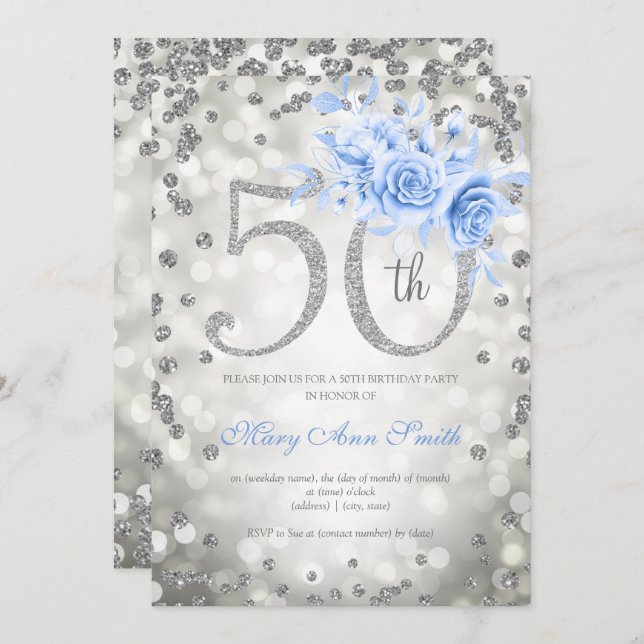 Invitación Floral azul plateado 50.º alumbrado de cumpleaños (Anverso / Reverso)