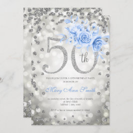 Invitación Floral azul plateado 50.º alumbrado de cumpleaños