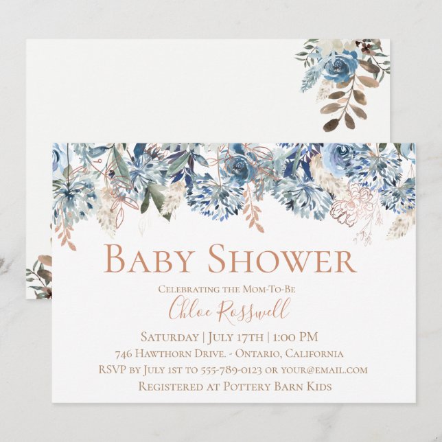 Invitación floral azul polvorienta de Baby Shower (Anverso / Reverso)