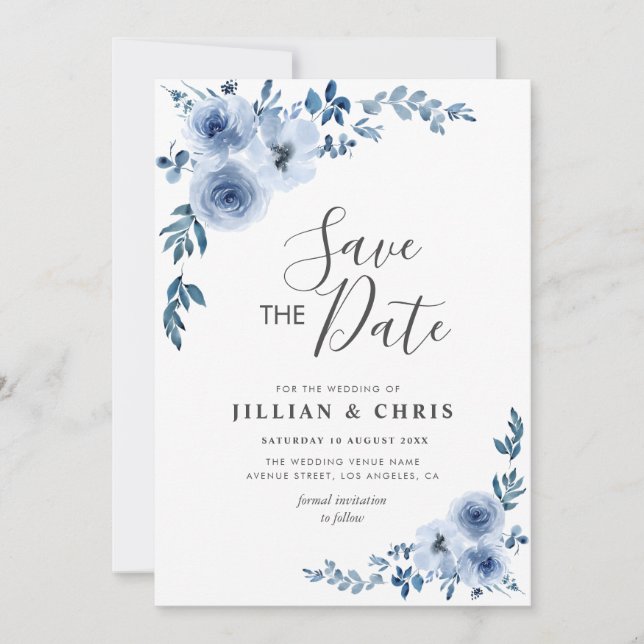 Invitación floral azul polvoriento salvar la fecha (Anverso)