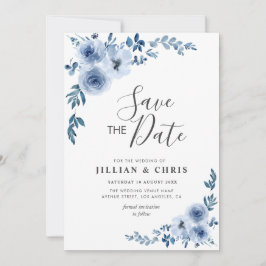 Invitación floral azul polvoriento salvar la fecha