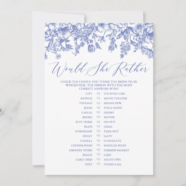 Invitación Floral Azul Prefiere Un Juego De Ducha De Novias (Anverso)