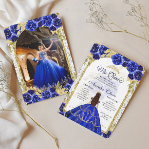 Invitación Floral azul Princesa Arco de Oro Quinceanera Foto