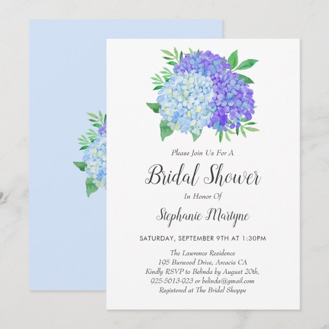 Invitación Floral Azul púrpura Hydrangea Bouquet Ducha de nov (Anverso / Reverso)