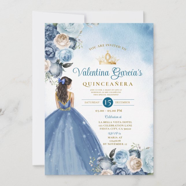 Invitación Floral azul Quinceañera 15 Anos Purpurina de la Co (Anverso)