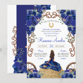 Invitación Floral azul real Charra Quinceañera