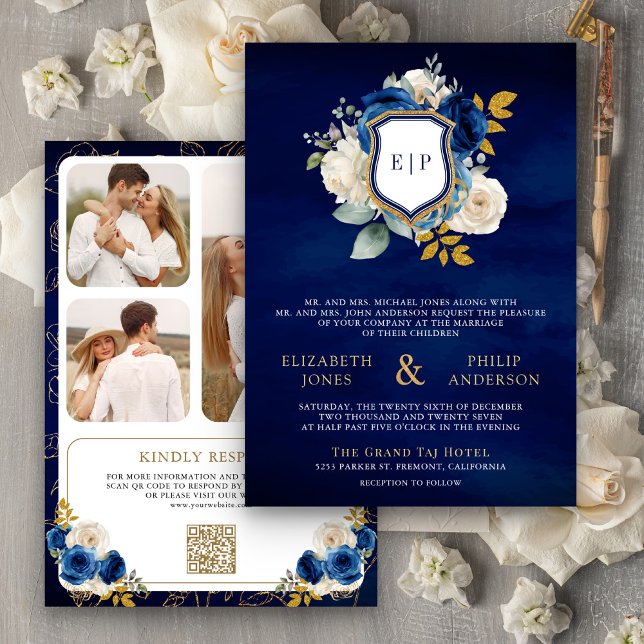 Invitación Floral azul real Código QR Boda de foto Escudo (Subido por el creador)