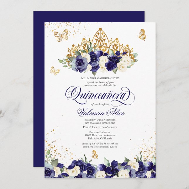 Invitación Floral azul real de la marina Tiara mariposa Quinc (Anverso / Reverso)