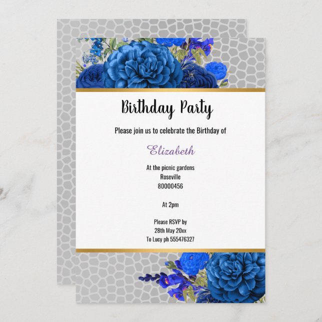 INVITACIÓN FLORAL AZUL REAL DE LEOPARDO GRIS (Anverso / Reverso)