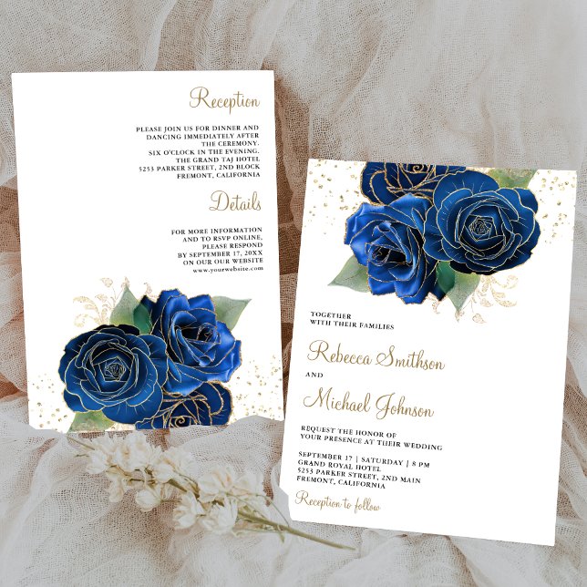 Invitación Floral azul real de oro todo en un Boda (Subido por el creador)