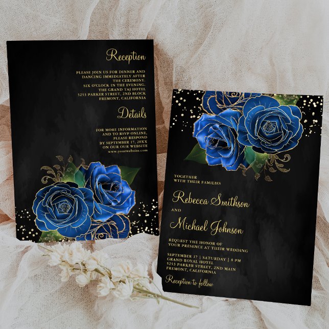 Invitación Floral azul real de oro todo en un Boda negro (Subido por el creador)