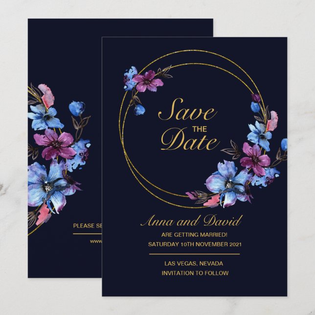 Invitación Floral Azul Real Moderna Salve La Fecha (Anverso / Reverso)