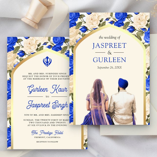 Invitación Floral azul real Punjabi Anand Karaj Sikh Boda (Subido por el creador)