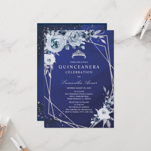 Invitación Floral azul real Quinceañera (Anverso/Reverso In Situ)